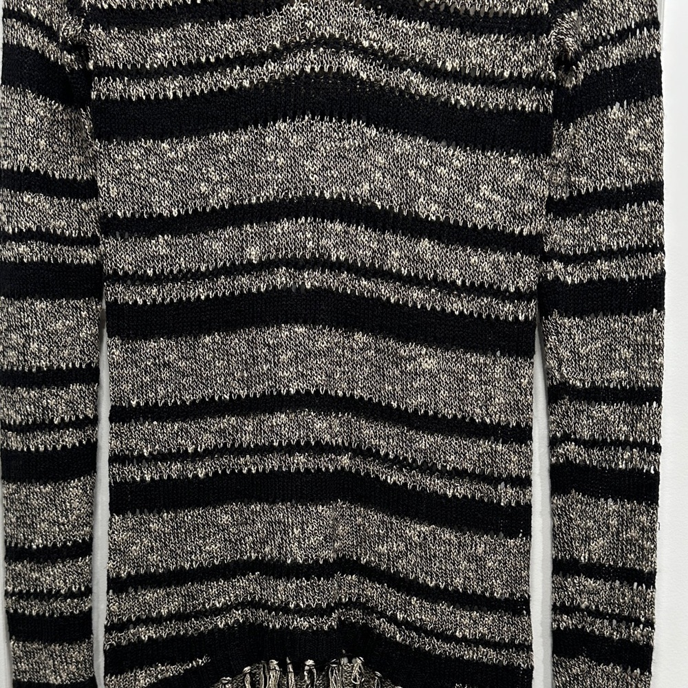 Striped Black and Tan Women's Sweater with Hoodie & Fringe Size Medium - Picture 4 of 8